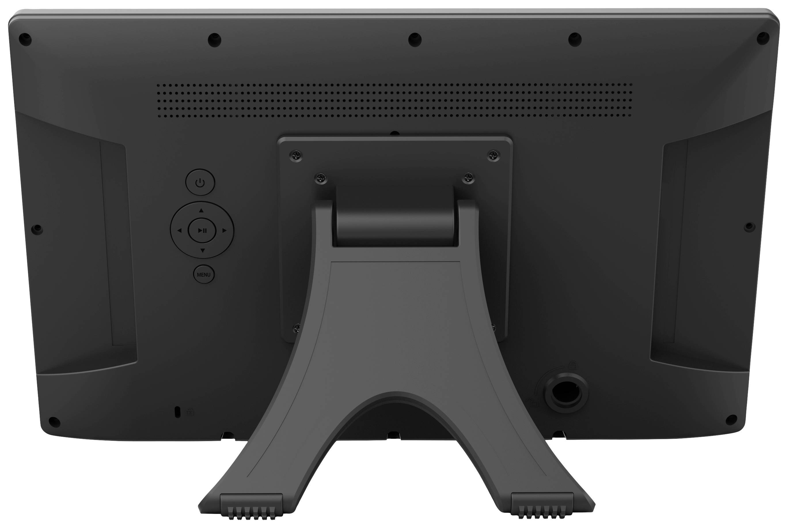 Le dos d'un écran d'ordinateur avec un socle stable et plusieurs ports ; adapté pour les descriptions de poste de travail.