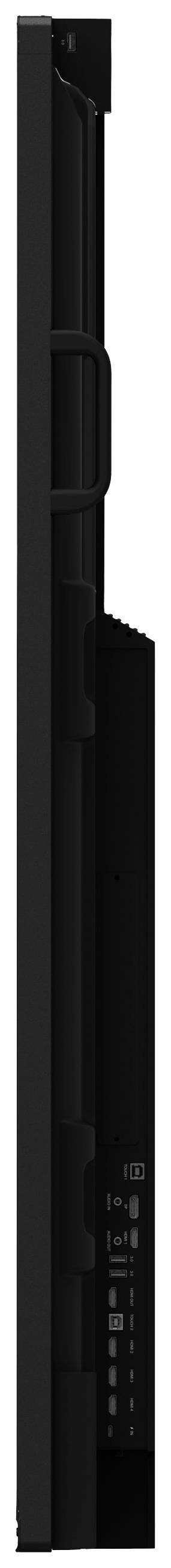 Un téléviseur noir et plat, vue de côté, avec des connexions et des boutons visibles à l'arrière.