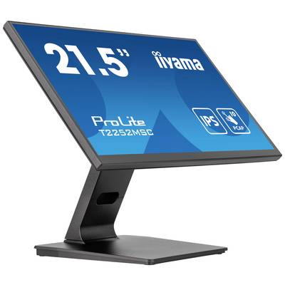 Un moniteur d'ordinateur noir iiyama affiche sur l'écran le libellé '21.5'' ProLite T2252MSC' sur un fond bleu.