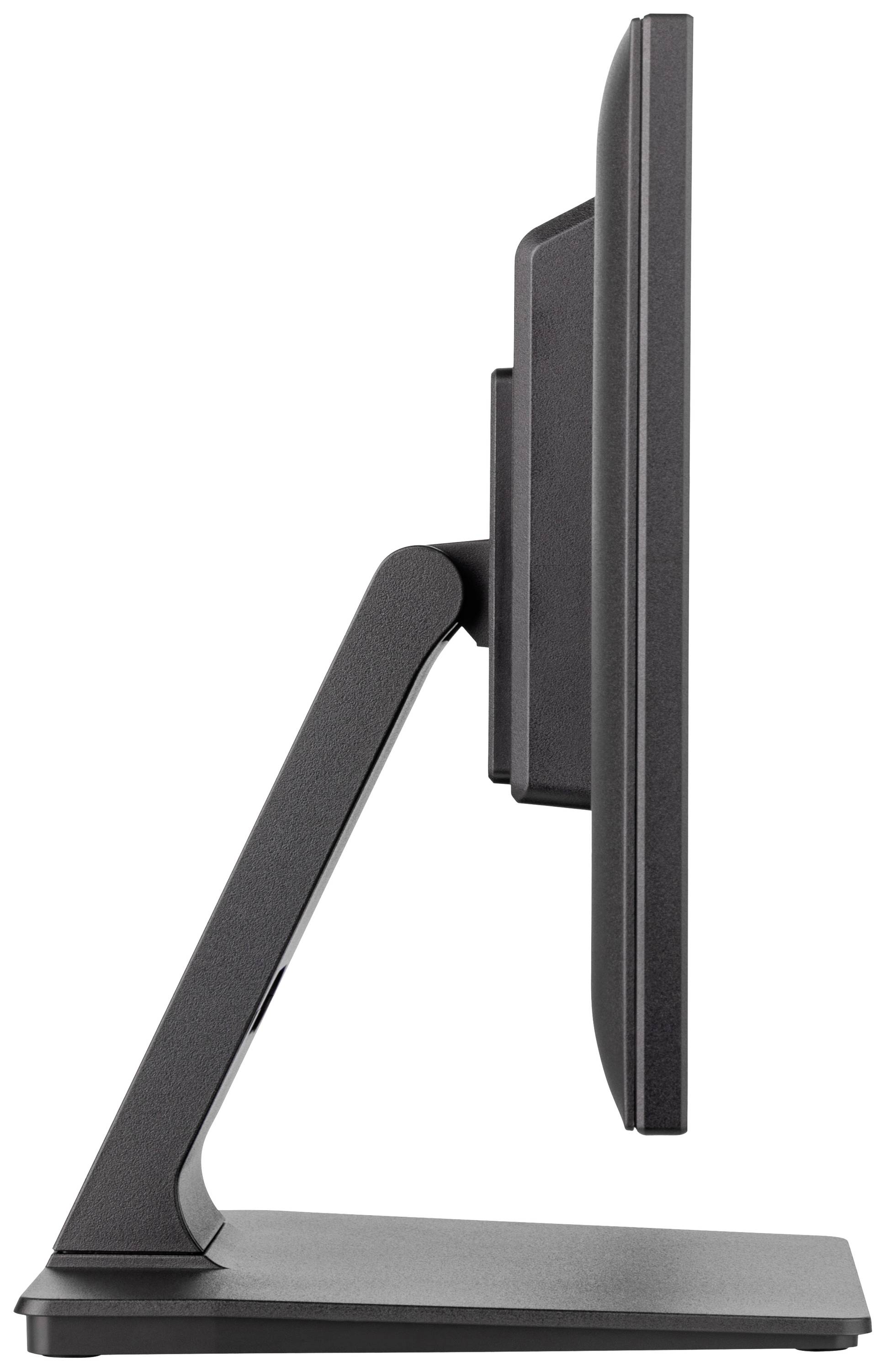 Vue latérale d'un écran d'ordinateur noir avec un socle fin et rectangulaire.