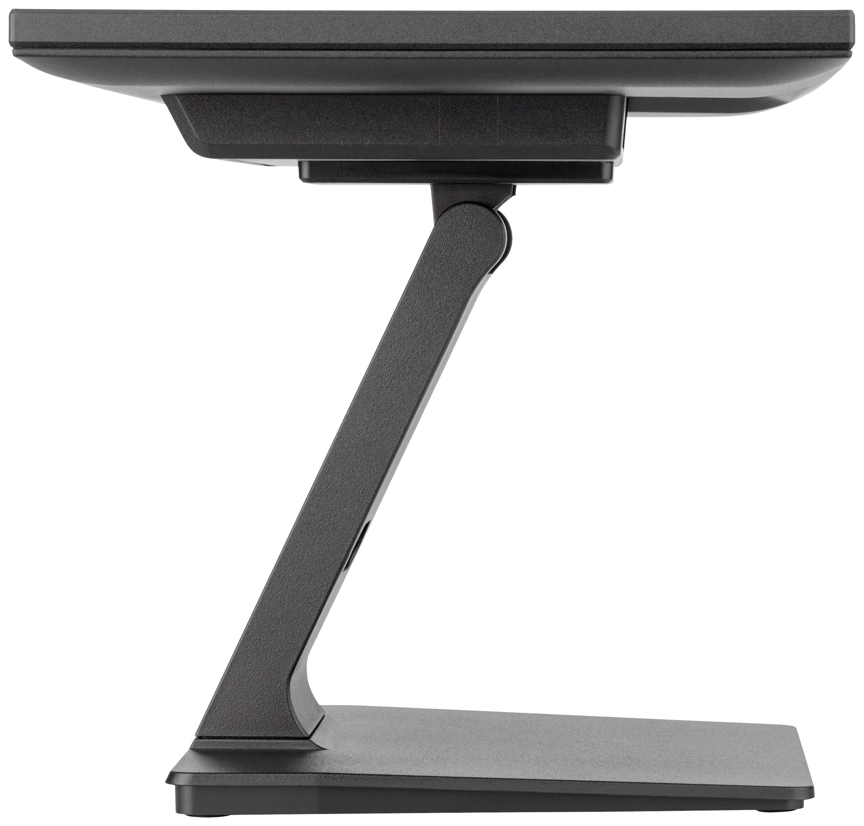 Vue latérale d'un écran moderne avec un socle élancé et stylisé. L'écran est sombre, sans contenu visible.