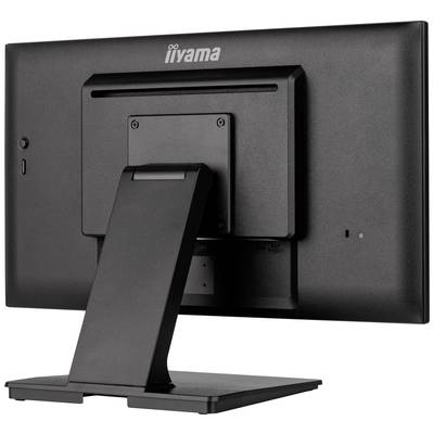 Un moniteur d'ordinateur vu de dos, noir avec un socle rectangulaire. Un logo d'entreprise informatique est visible sur le dessus du boîtier.