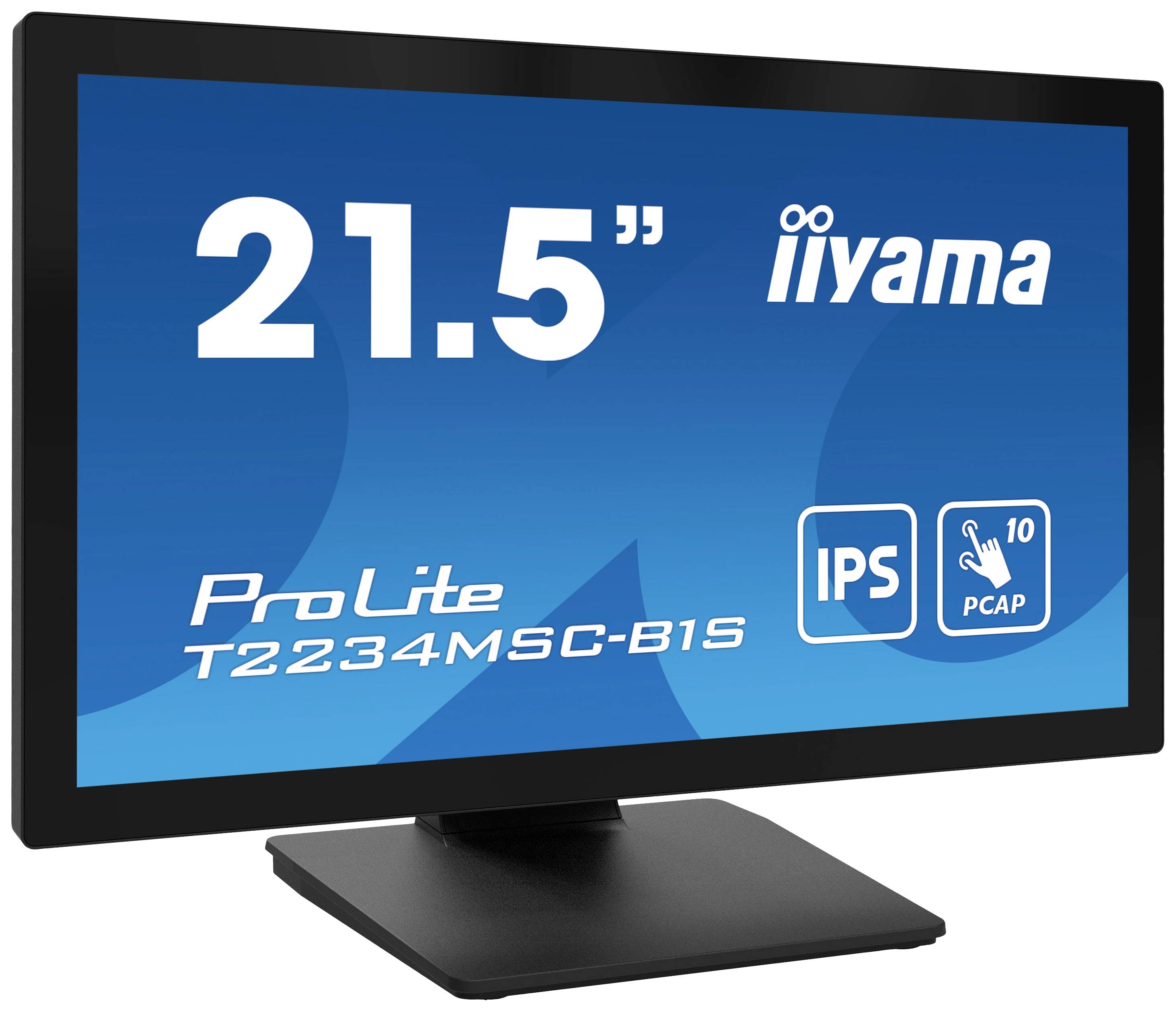 Écran de moniteur avec l'inscription '21,5" iiyama ProLite T2234MSC-B1S', symbole IPS et fonction tactile 'PCAP 10 points' sur fond bleu.