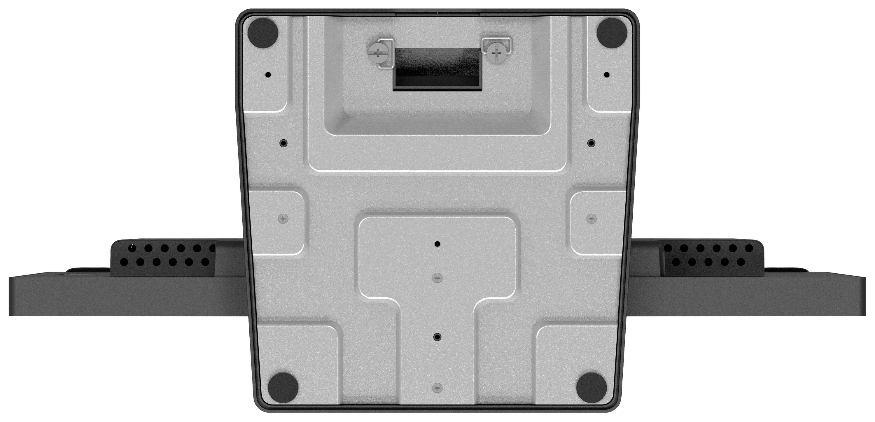 Arrière d'un dispositif métallique rectangulaire équipé de supports latéraux et d'un logement central.