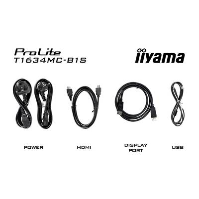 'ProLite T1634MC-B1S' Câble et connecteurs : Alimentation, HDMI, DisplayPort, USB. Logo de la marque en haut à droite. Composants principaux de l'emballage.