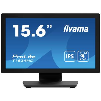 Un moniteur portant l'inscription '15.6"', 'iiyama', 'ProLite T1634MC', 'IPS', et 'PCAP'. Cadre noir, fond d'écran bleu.
