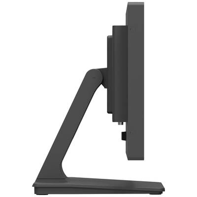 Un moniteur d'ordinateur noir vu de côté. Le socle est simple et droit, l'écran élégant et au design moderne.
