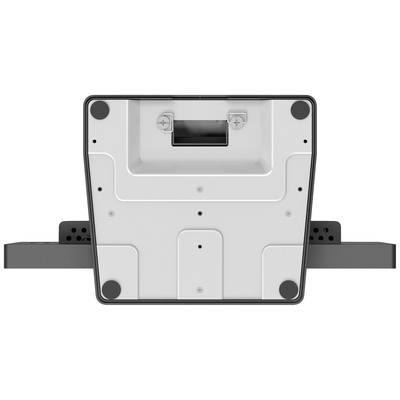 Un dispositif électronique rectangulaire vu de dessous, avec des vis visibles et un logement de montage central.
