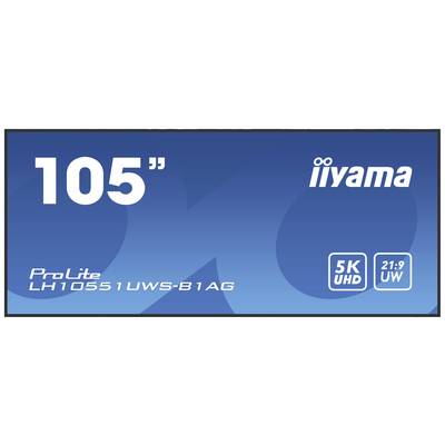 Grand écran avec l'inscription '105"' et la marque 'iiyama'. Spécifications : ProLite LH10551UWS-B1AG, 5K UHD, 21:9 UW.