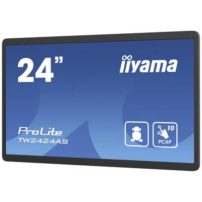 Écran Iiyama de 24 pouces, modèle ProLite TW2424AS, avec écran tactile PCAP et symboles de reconnaissance faciale sur fond bleu.
