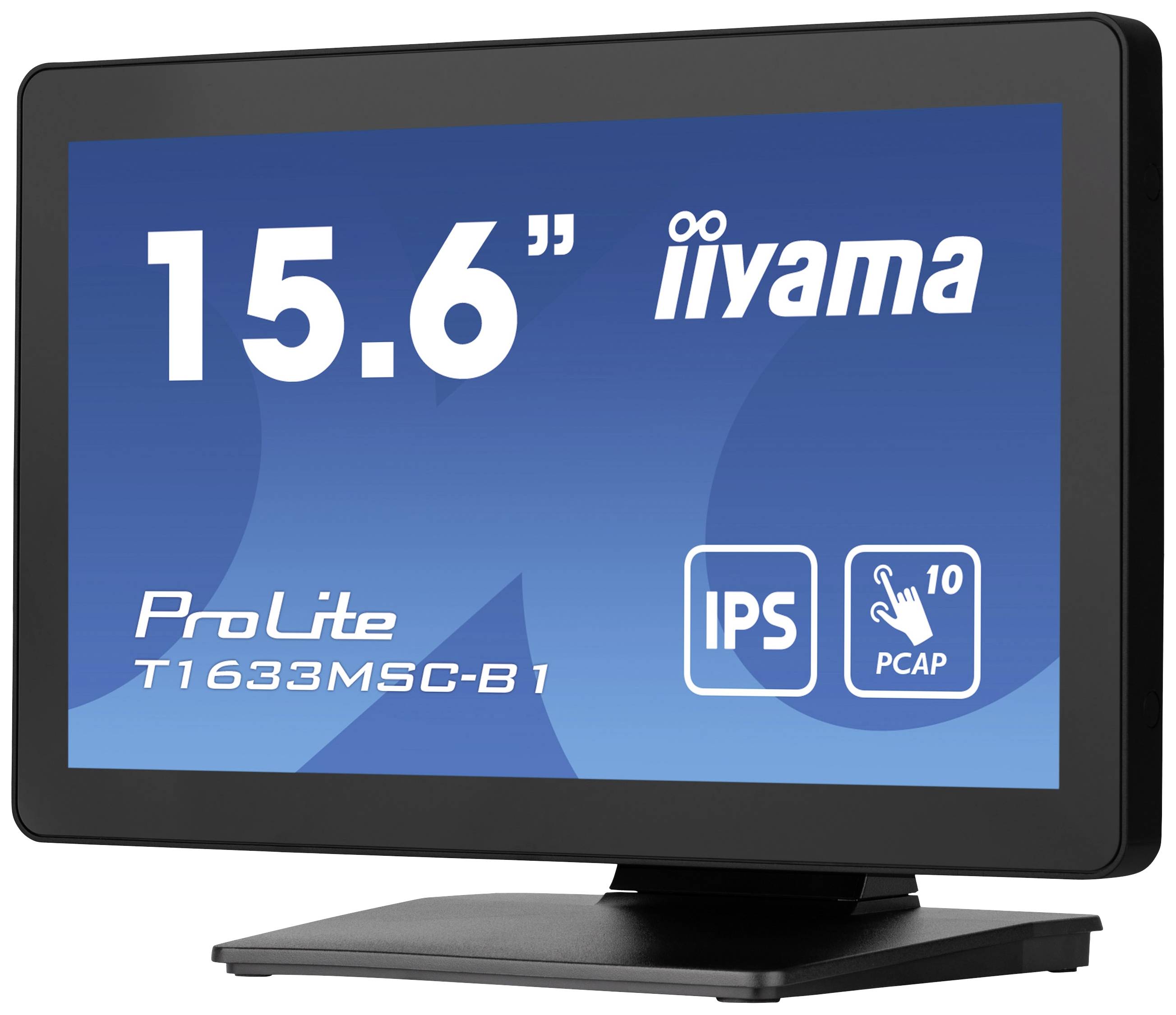 Un moniteur iiyama de 15,6 pouces, modèle 'ProLite T1633MSC-B1' avec technologie IPS et écran tactile 10 points, présenté sur un support.