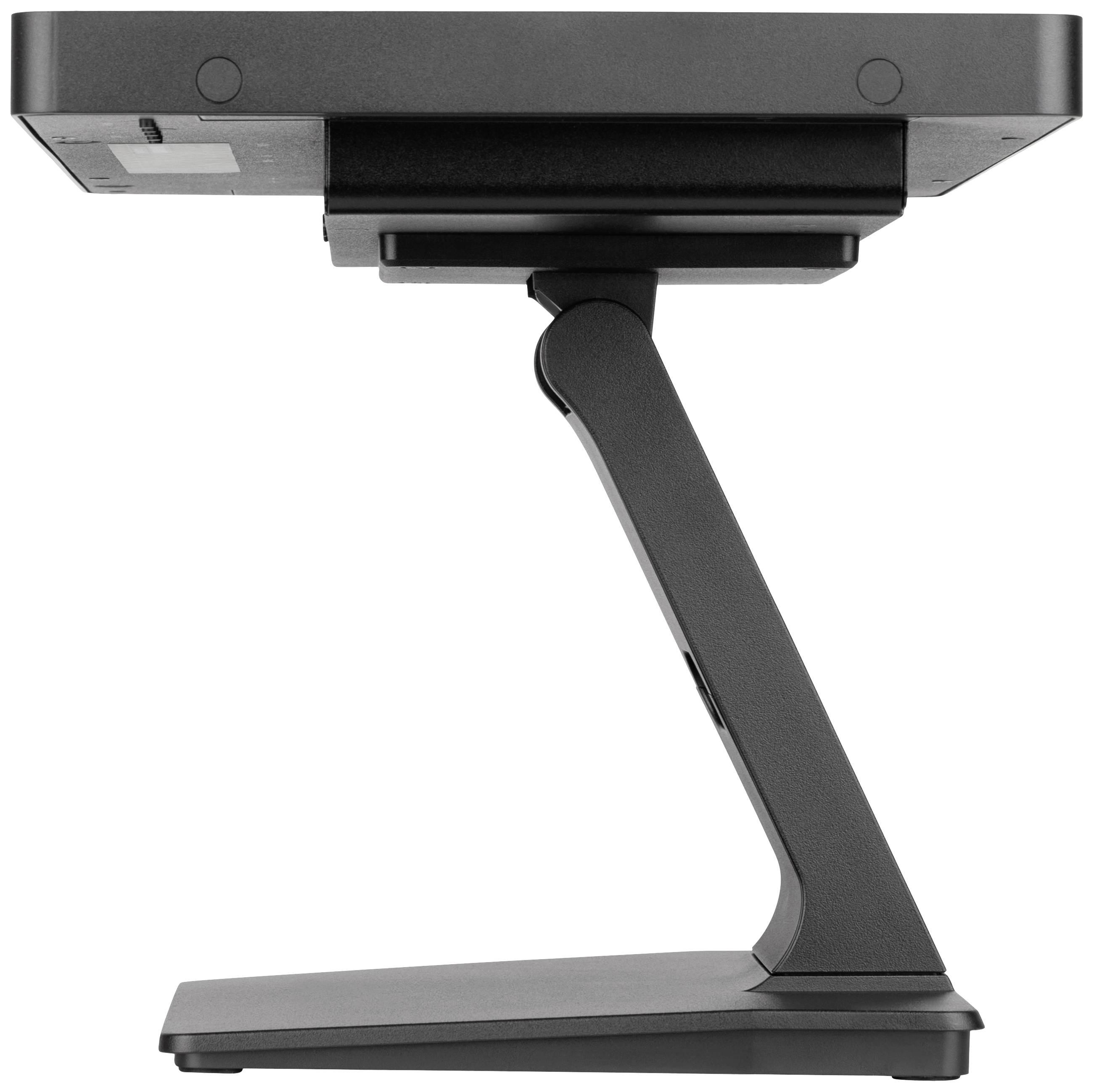 Un moniteur d'ordinateur noir est posé sur un support métallique réglable. L'écran est installé dans un bureau.