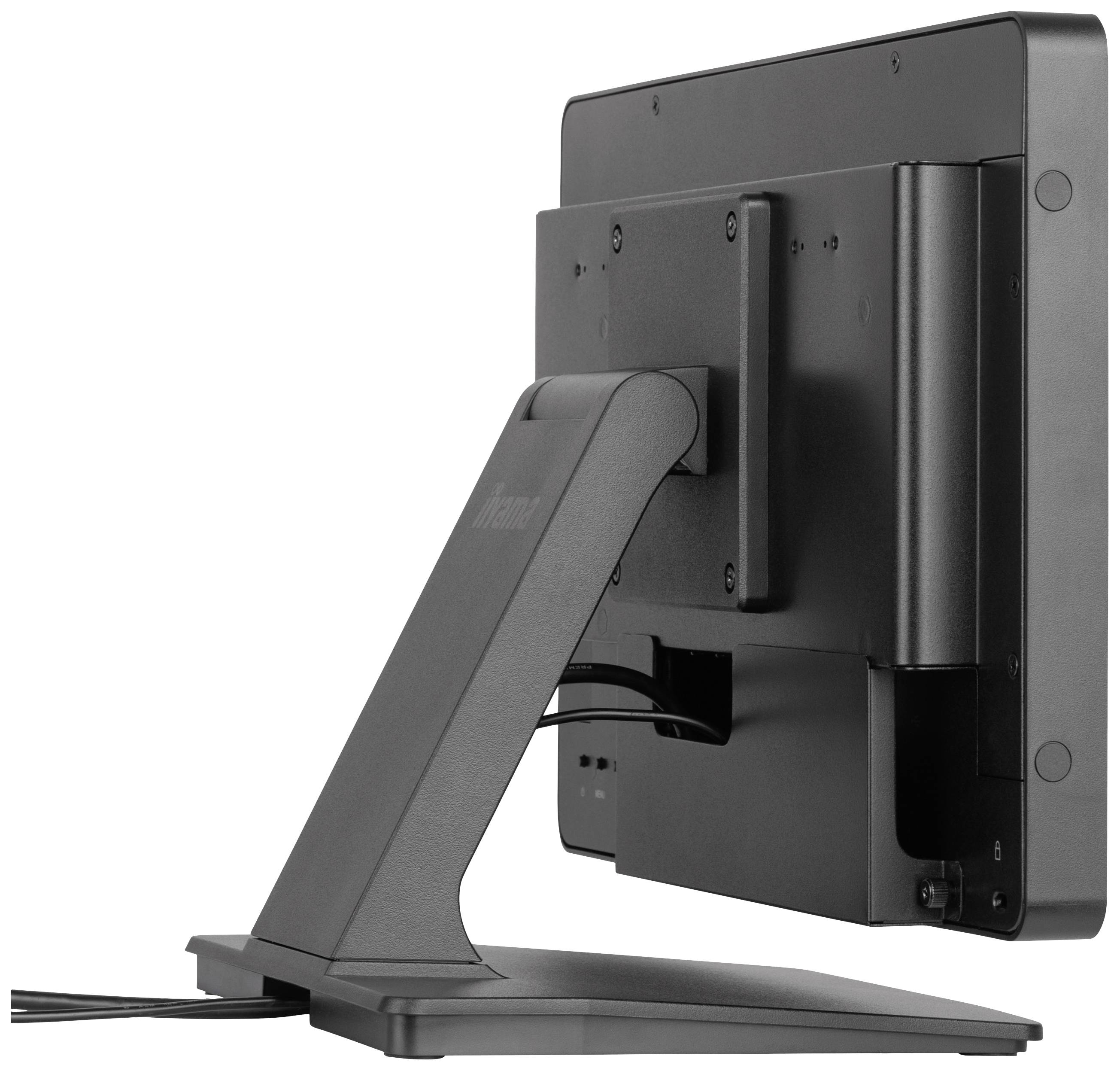 Un moniteur avec un cadre noir et un socle, vu de côté. Des câbles sont visibles à l'arrière.