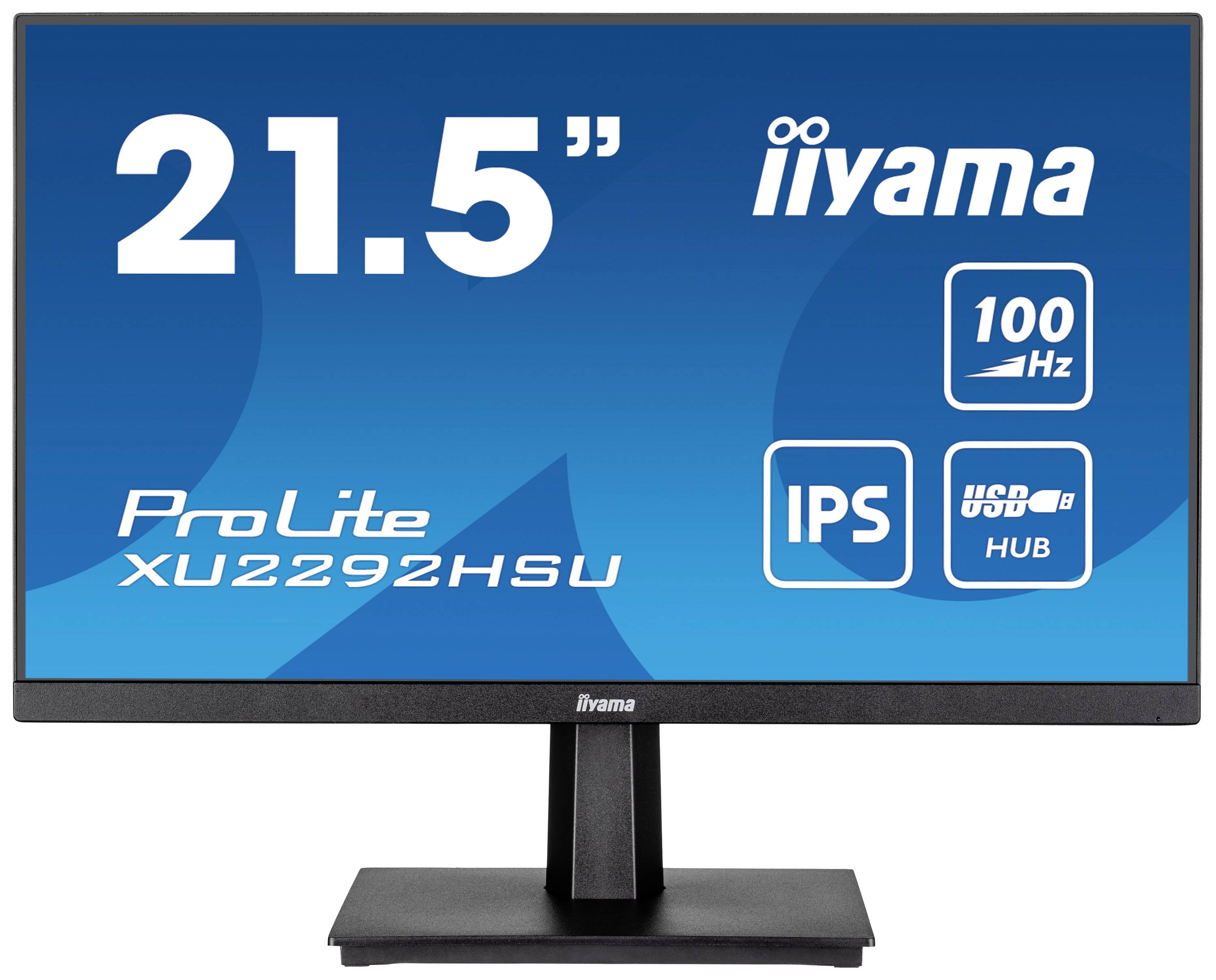 Moniteur iiyama de 21,5 pouces avec caractéristiques : technologie IPS, taux de rafraîchissement de 100 Hz, hub USB. Modèle : ProLite XU2292HSU.