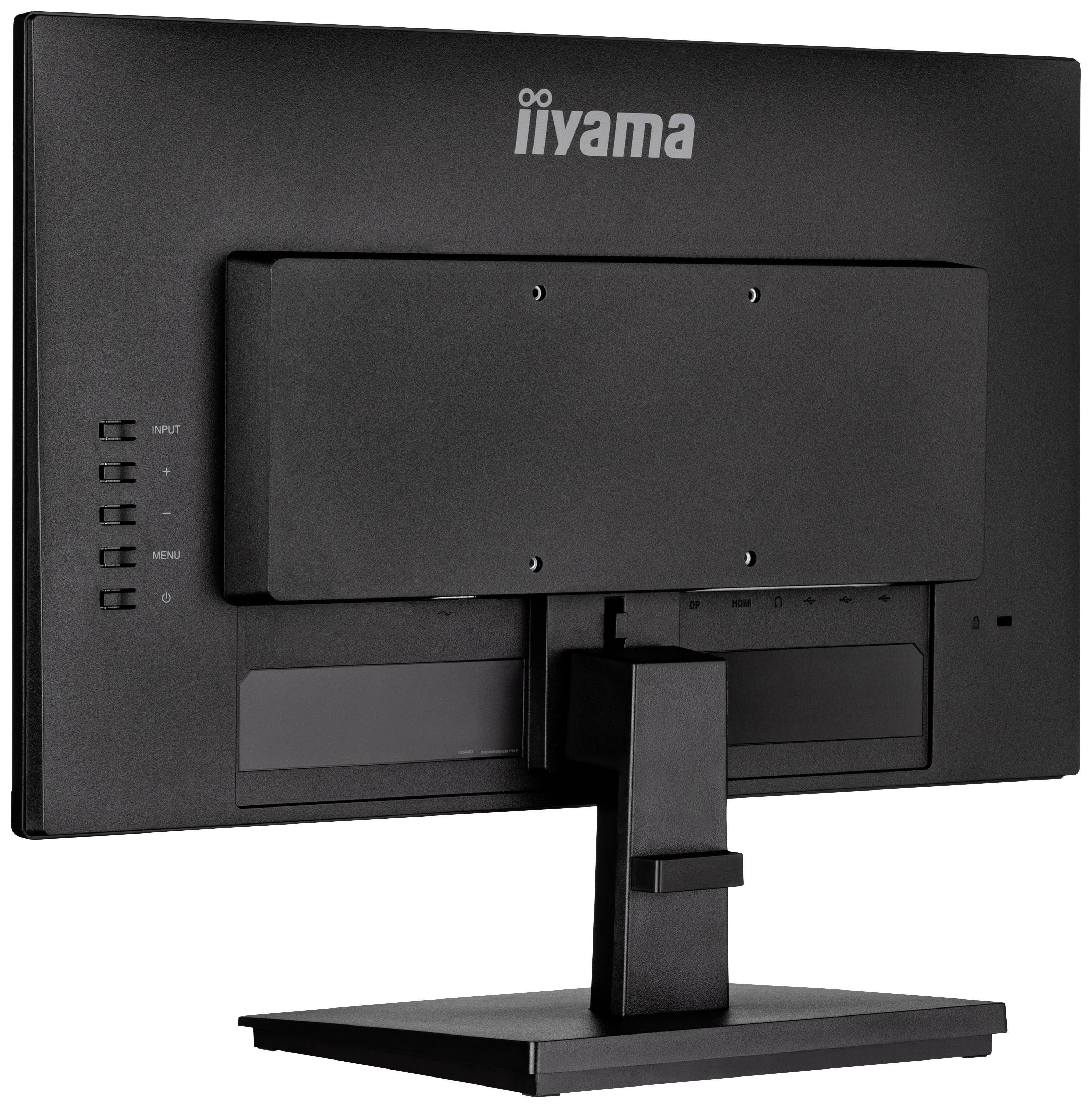 Vue arrière d'un moniteur d'ordinateur noir avec un support robuste et des options de connexion visibles à l'arrière.