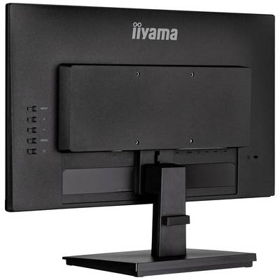 Vue arrière d'un moniteur d'ordinateur noir avec un support robuste et des options de connexion visibles à l'arrière.
