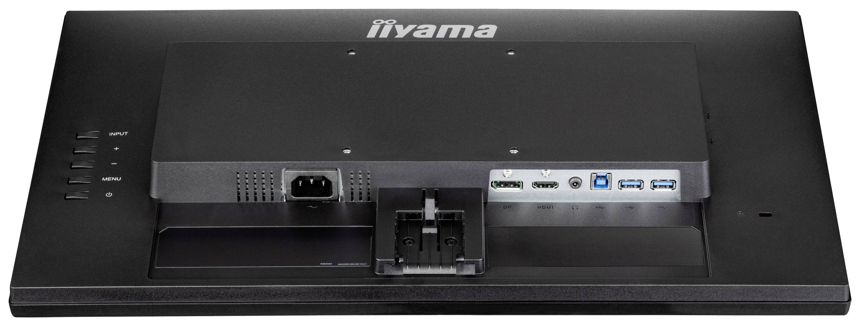 Arrière d'un écran d'ordinateur avec différents ports, notamment HDMI, DisplayPort et USB. Prise d'alimentation à gauche.