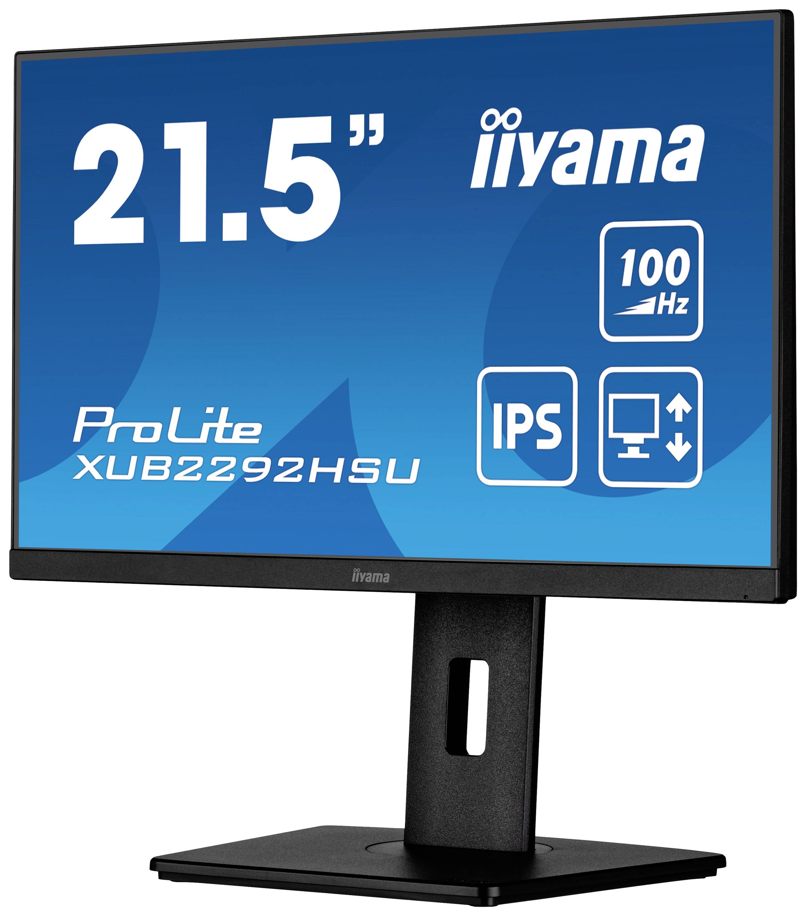 'Moniteur iiyama ProLite XUB2292HSU, 21,5 pouces, 100 Hz, IPS, réglable en hauteur, de couleur noire, vue de côté.'
