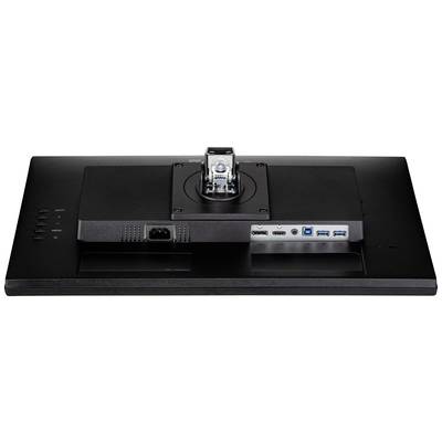 Arrière d'un écran d'ordinateur avec plusieurs ports, dont HDMI et USB, ainsi qu'un mécanisme de support central.