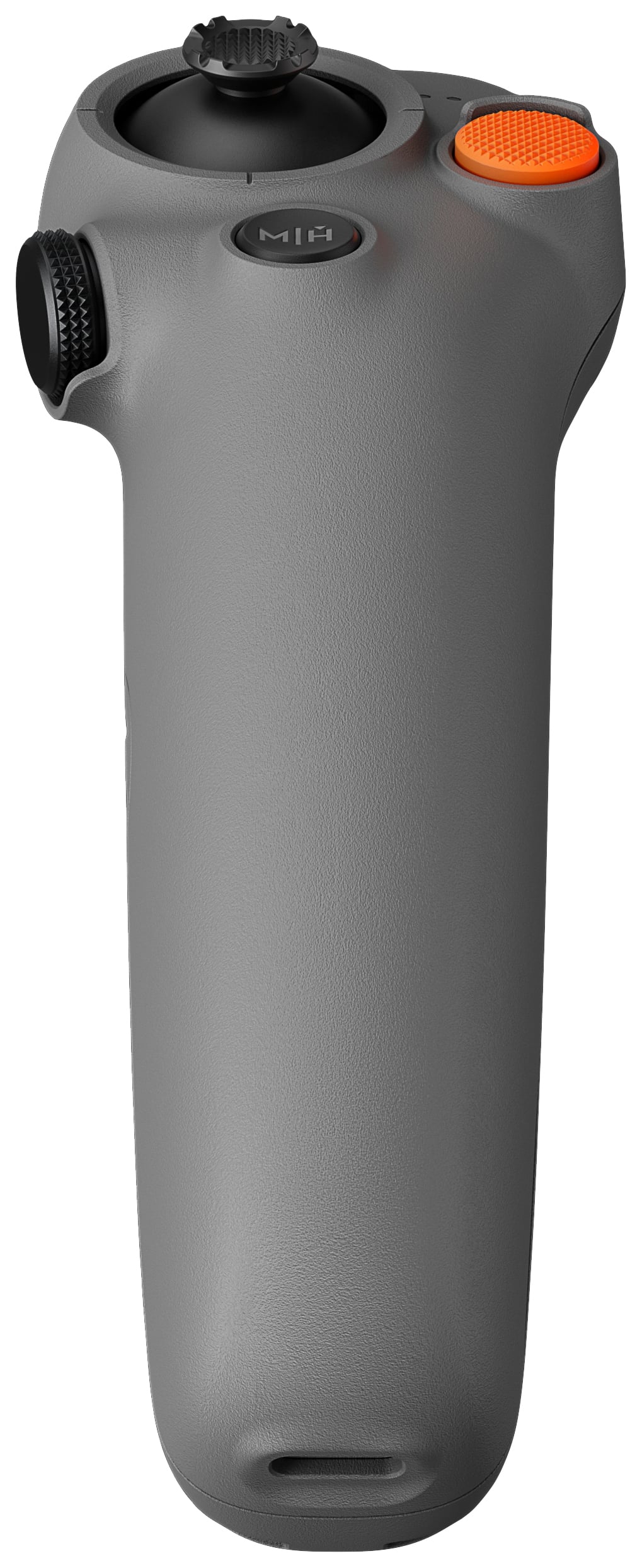 Manette de commande grise, compacte et maniable, avec un manche noir, un bouton orange et un bouton rotatif sur le côté. Adaptée pour le contrôle de drone.