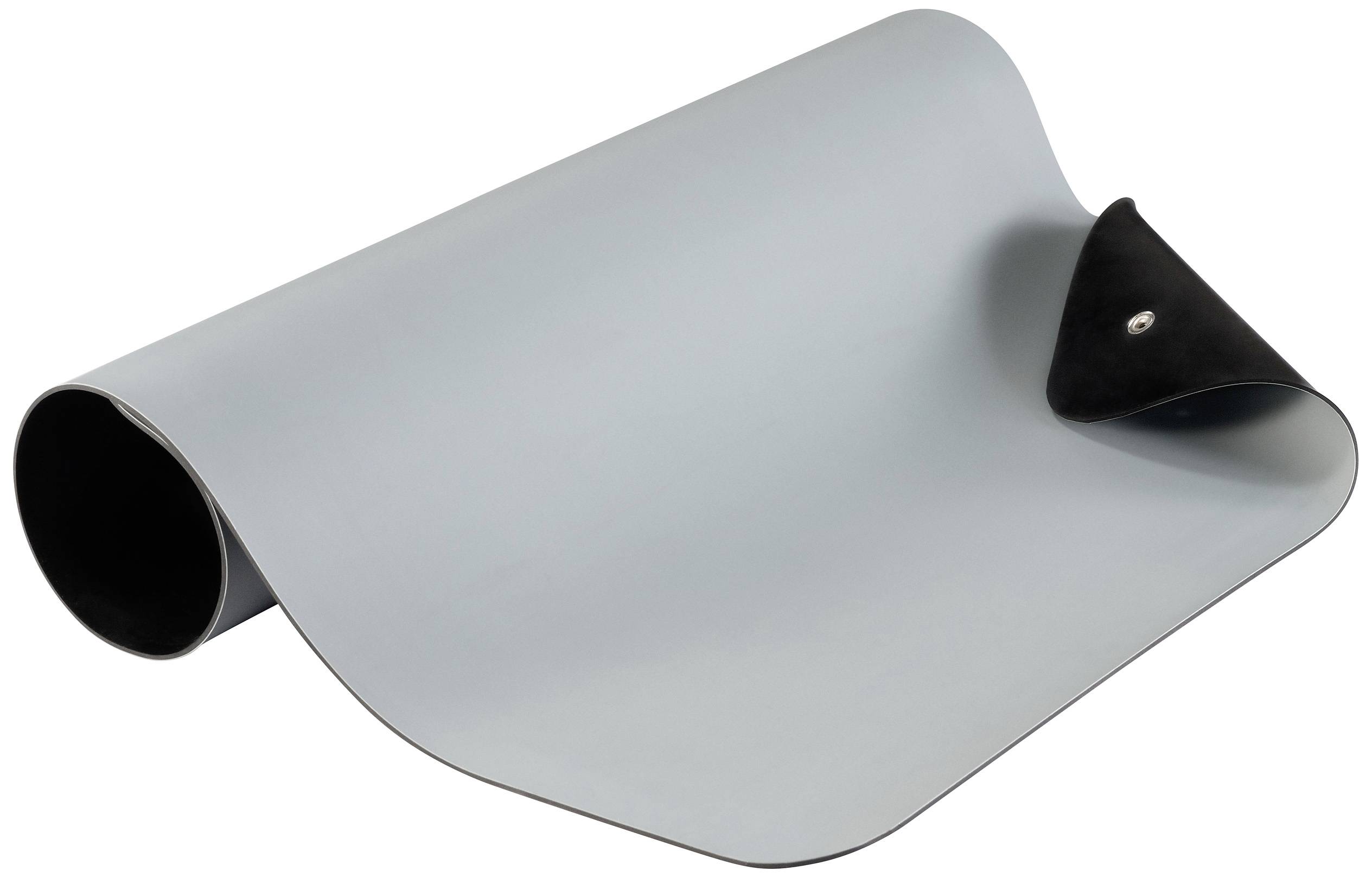 Un tapis de yoga gris enroulé, avec un dessous noir.