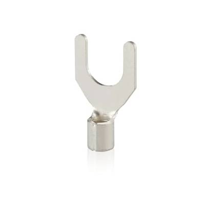 Spatule métallique avec ouverture en U sur fond blanc. Utilisée pour fixer des câbles aux connexions électriques.