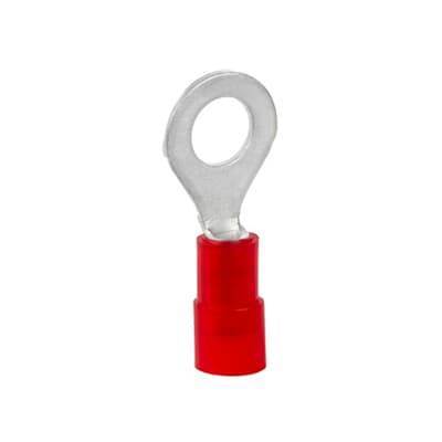 Un cosse de câble rouge à œillet rond, adapté pour connecter ou raccorder en toute sécurité des câbles aux bornes électriques.