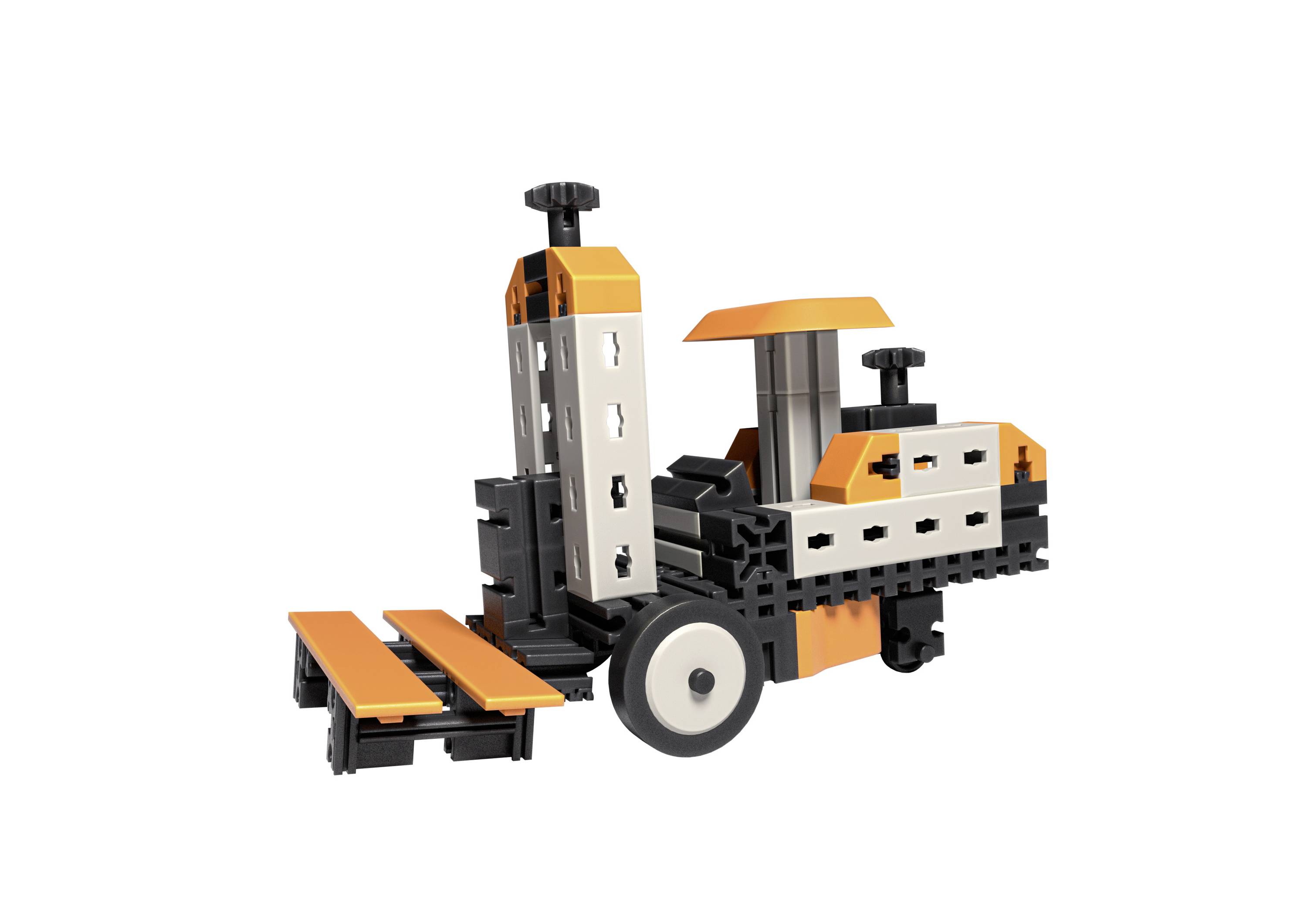 Un petit chariot élévateur miniature en briques colorées, principalement en orange et noir, avec une fourche mobile à l'avant.