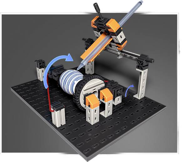 Un petit moteur pneumatique sur une plateforme Lego, représenté comme un modèle avec des engrenages rotatifs et des pistons mobiles.