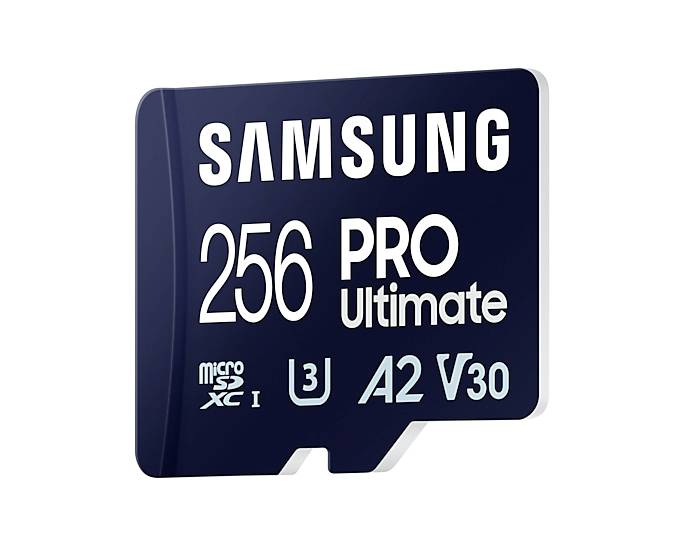 Une carte microSD Samsung portant l'inscription '256 PRO Ultimate'. Prend en charge les normes U3, A2, V30 pour un transfert de données rapide.