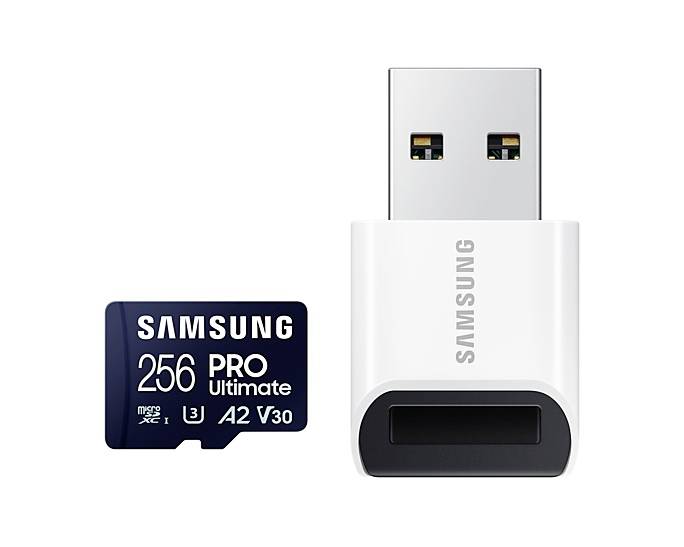 Une carte microSD Samsung de 256 Go à côté d'un lecteur de carte USB.