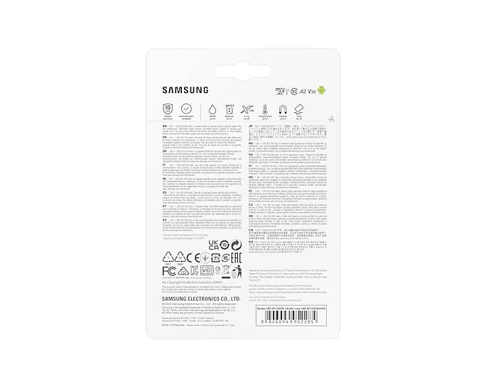 Dos d'un emballage Samsung avec du texte et des symboles, notamment des symboles de recyclage et des informations sur les produits.
