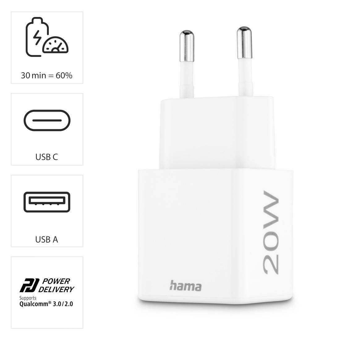Chargeur blanc de 20W avec ports USB-C et USB-A, prenant en charge Power Delivery 3.0/2.0 et la technologie Qualcomm. Temps de charge : 30 min = 60%.