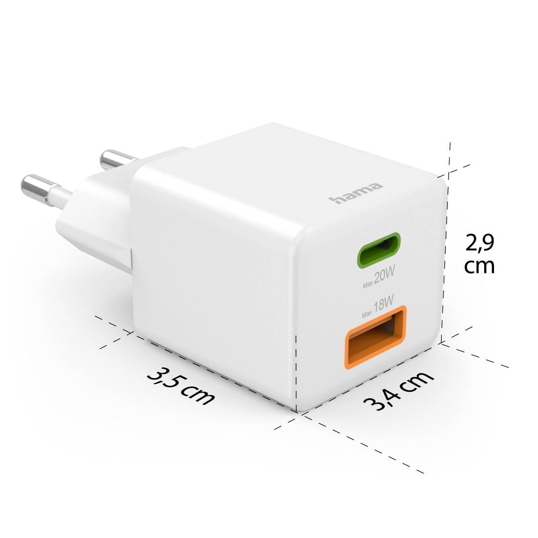 Un chargeur USB blanc avec deux ports : un port vert de 20W et un port orange de 18W. Dimensions : 3,5 cm x 3,4 cm x 2,9 cm.
