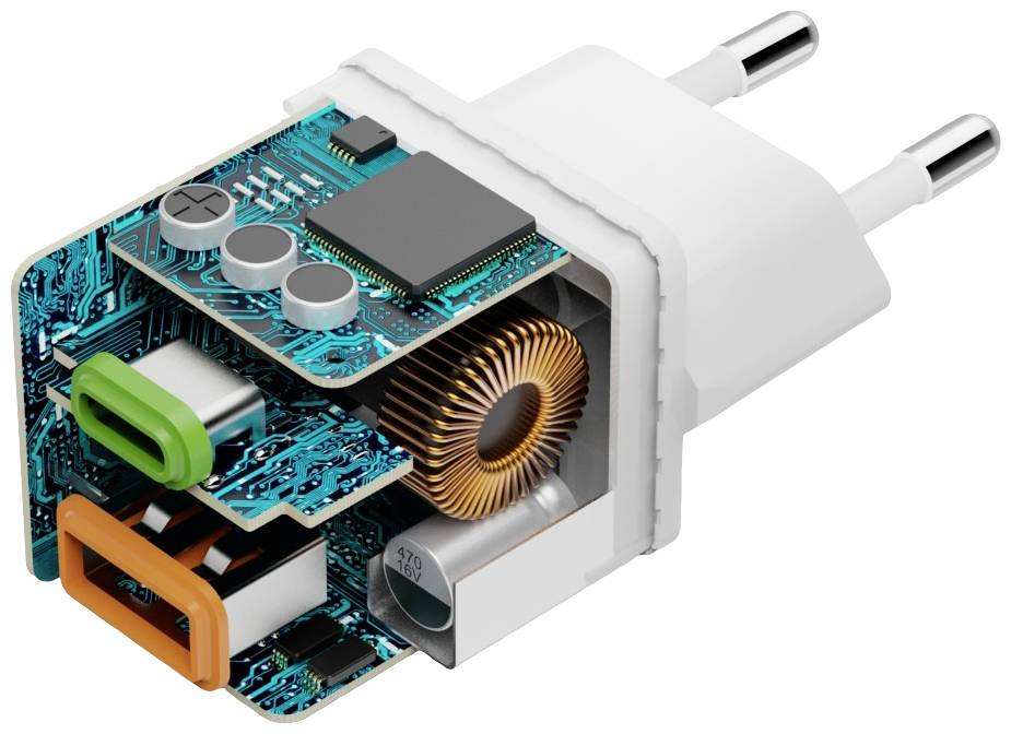 Coupe transversale d'un chargeur blanc révélant son électronique interne, comprenant une bobine et des circuits électroniques, avec des ports USB de différentes couleurs.