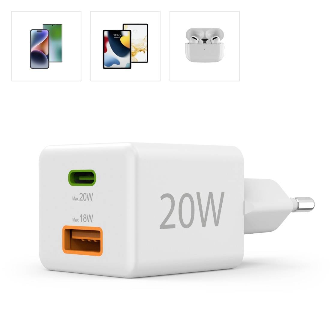 Chargeur 20W avec deux ports : USB-C (20W) et USB-A (18W). Adapté aux smartphones et écouteurs sans fil.