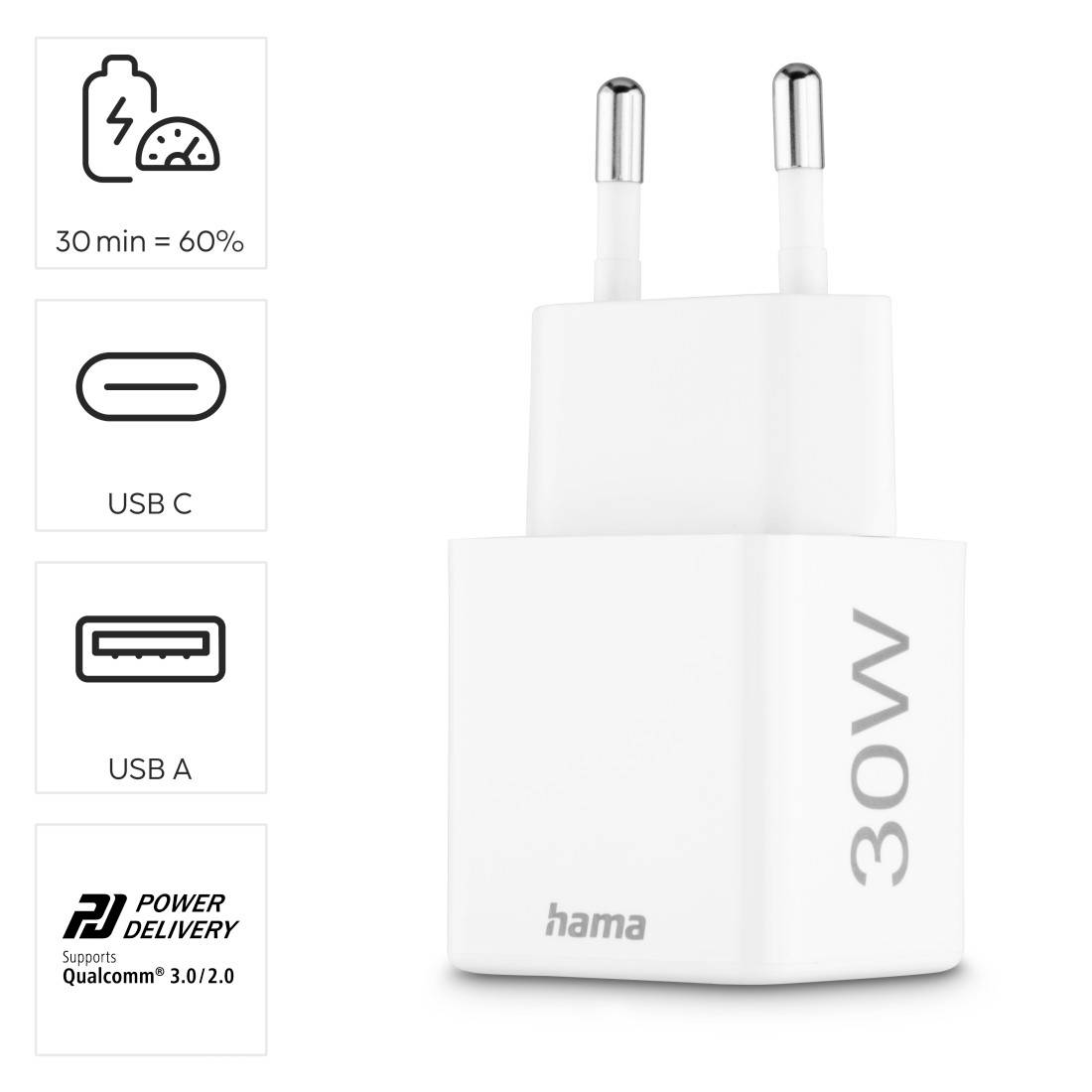 Chargeur Hama de 30W avec ports USB-C et USB-A. Prend en charge Power Delivery et Qualcomm 3.0/2.0. Temps de charge : 30 min = 60%.
