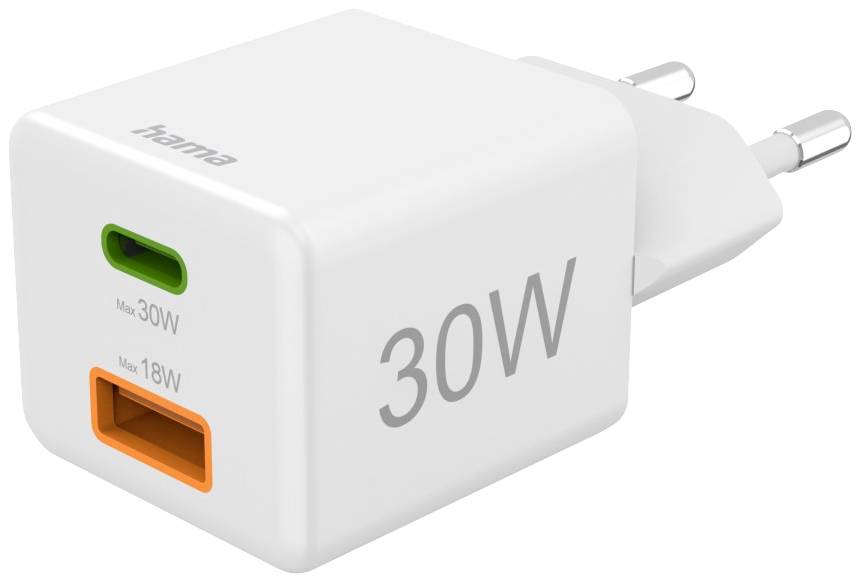 Chargeur Hama blanc à deux ports : USB-C (30W) et USB-A (18W).