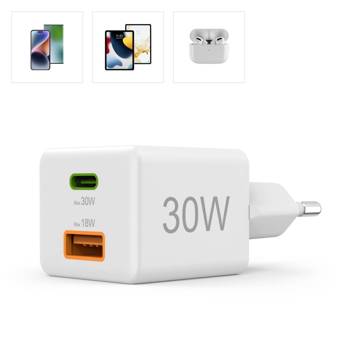 Un chargeur blanc de 30W avec ports USB-C et USB-A, adapté aux téléphones mobiles et écouteurs sans fil. En arrière-plan, des dessins de deux smartphones et d'écouteurs.