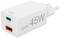 Un chargeur GaN blanc portant l'inscription « 45W », présentant une port USB-C et une port USB-A avec des puissances maximales respectives de 45W et 18W.