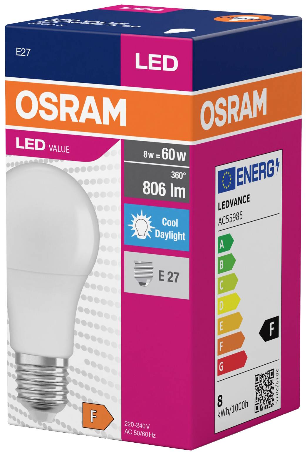 Ampoule LED Osram en emballage, 8W = 60W, 806 lumens, culot E27, efficacité énergétique F, lumière du jour froide, consommation 8 kWh/1000h.