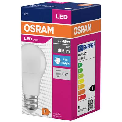 Ampoule LED Osram en emballage, 8W = 60W, 806 lumens, culot E27, efficacité énergétique F, lumière du jour froide, consommation 8 kWh/1000h.