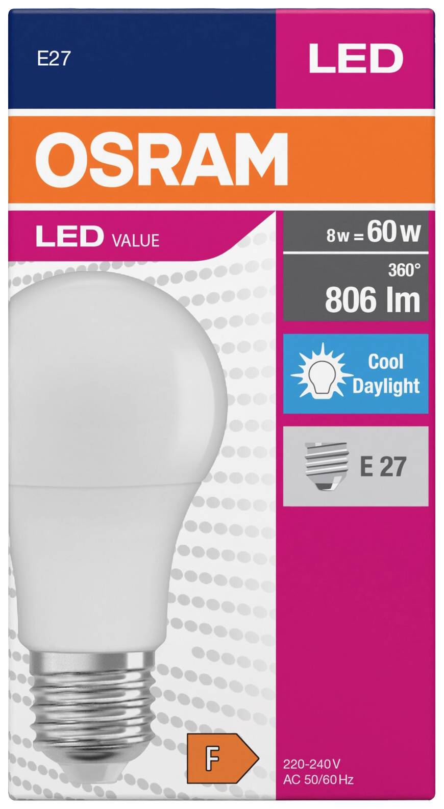 Une ampoule LED OSRAM pour douille E27, 8W en remplacement de 60W, 806 lumens, étiquette énergétique F, 220-240V, 50/60Hz.