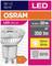 'OSRAM LED GU10 4,3W équivaut à 50W, 350 lumens, blanc chaud, classe énergétique F.' L'emballage présente la lampe LED et les détails techniques.