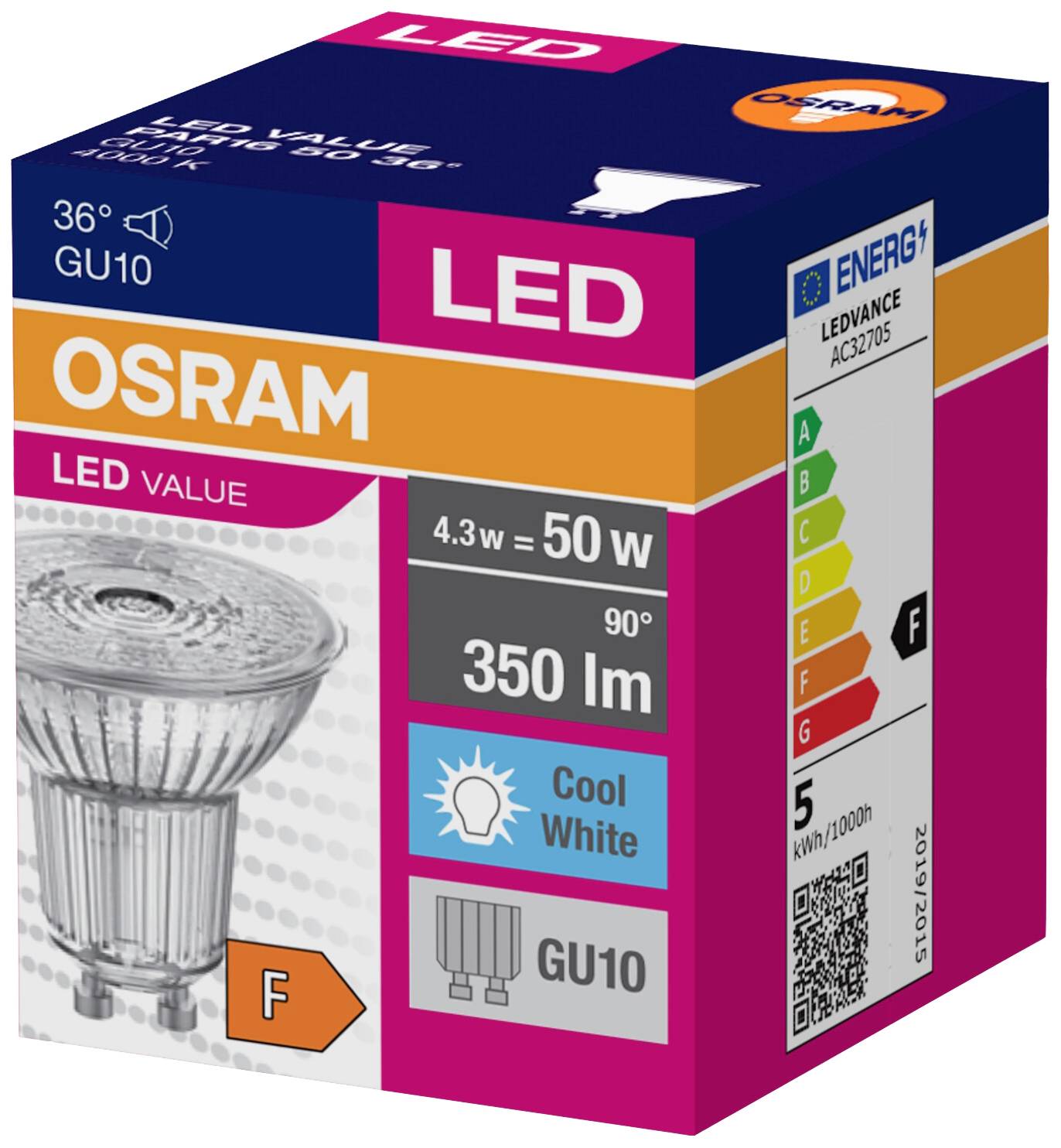 'Emballage d'une lampe OSRAM LED GU10. Puissance : 4,3 W, Équivalent 50 W, Flux lumineux : 350 lm, Température de couleur : Blanc froid, Classe énergétique : F.'