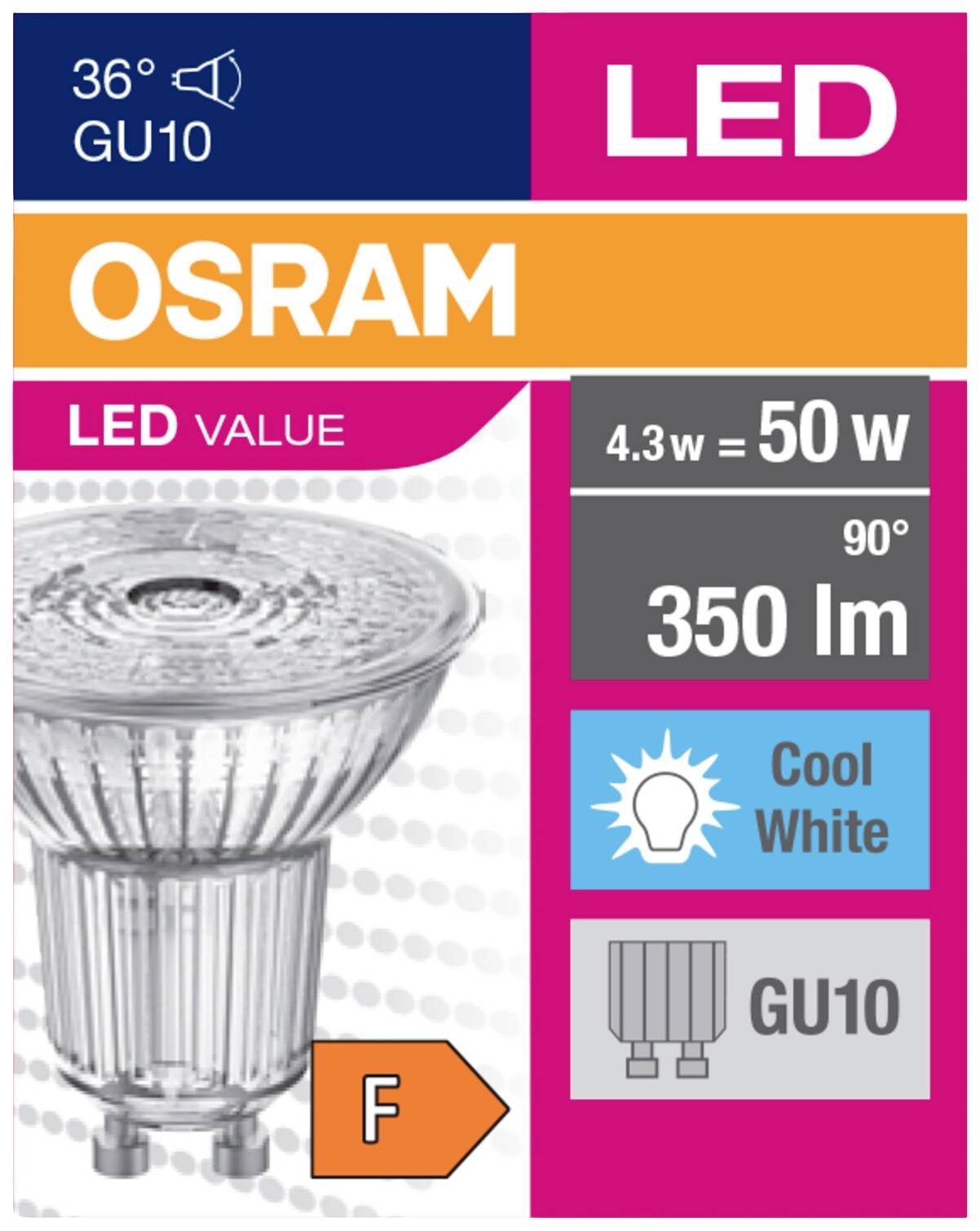 Lampe OSRAM LED GU10 : 4,3W remplace 50W, 350 lumens, angle de faisceau de 90°, Blanc Froid, classe énergétique F, image d'une ampoule LED au premier plan.
