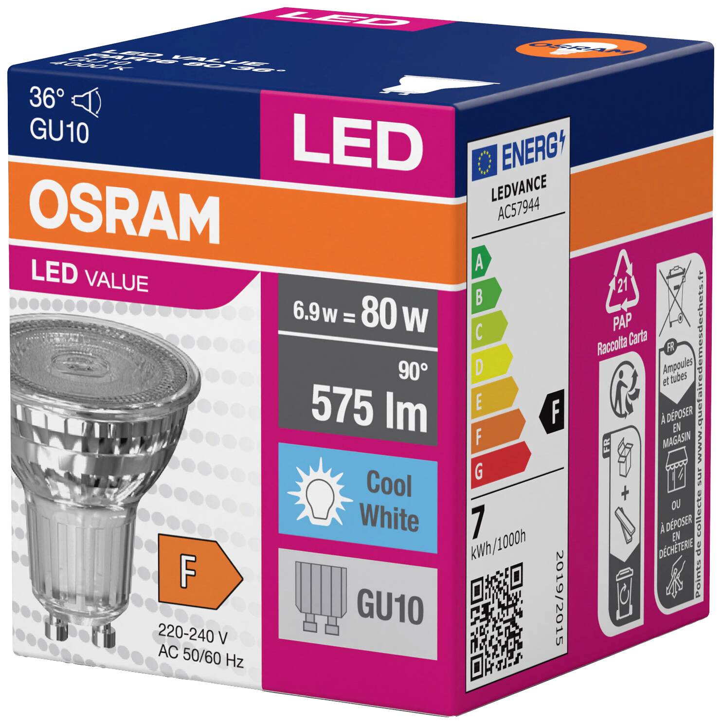 Emballage 'OSRAM LED Value GU10'. Efficacité énergétique F, 6,9W équivalent 80W, 575 lm, angle de faisceau 36°, Blanc Froid.