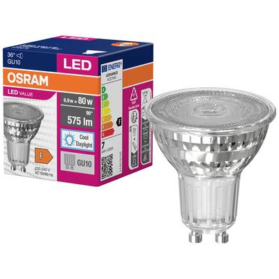 Ampoule LED Osram, 575 lumens, 6,9W, Lumière du jour 6500K. Classe énergétique F, culot GU10, présentée à côté de son emballage.