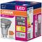 Ampoule LED Osram, 6,9W équivalent 80W, 575 lumens, culot GU10, classe énergétique F, blanc chaud, angle de diffusion 90°.