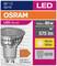 Emballage d'une lampe LED OSRAM de 575 lumens, 6,9W équivalent 80W, blanc chaud, culot GU10, classe énergétique F, angle de faisceau de 60°.